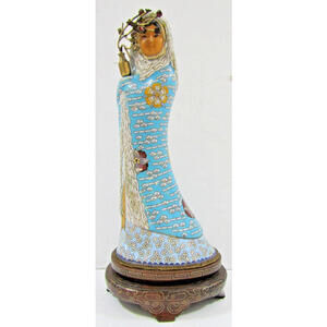 Antique Asian Blue Cloisonne Figurine holding Brass Vase with Lotus Wood Base